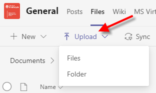 A screenshot of the Files tab.  The Upload dropdown menu is displayed.