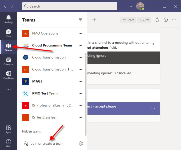 A screenshot of the Microsoft Teams user interface.  Two arrows point to 1) The Teams option on the left of the interface and 2) the Join or create a team option at the bottom of the panel.