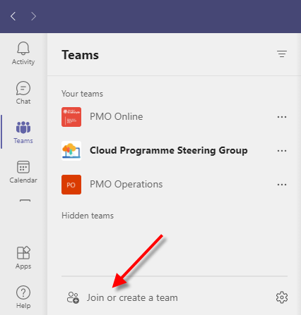 A screenshot of the bottom of the Teams pane.  The option to 'Join or create a team' is highlighted.