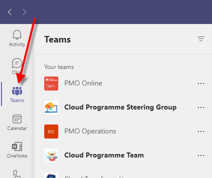 A screenshot of the Microsoft Teams left bar.  The Teams navigation button is indicated by an arrow.