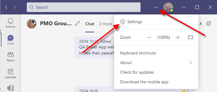 A screenshot of the Microsoft Teams user interface.  The three ellipses are highlighted.  Select these to access your settings.