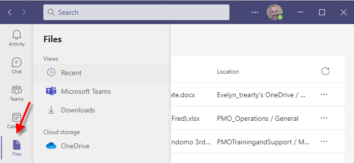  A screenshot of the Files pane.  The arrow indicates the Files button in the left bar.  The Files pane shows the Recent, Microsoft Teams, Downloads and (your) OneDrive options.