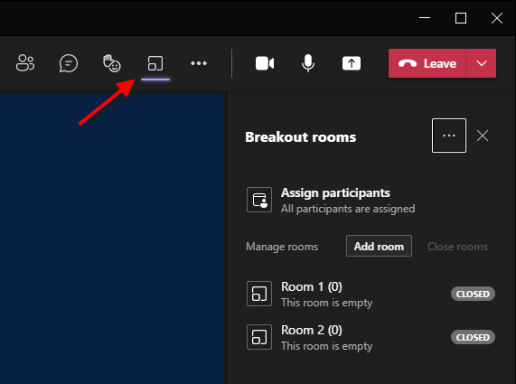 A screenshot of the taskbar in a Teams meeting.  The Breakout Rooms icon is indicated by an arrow.