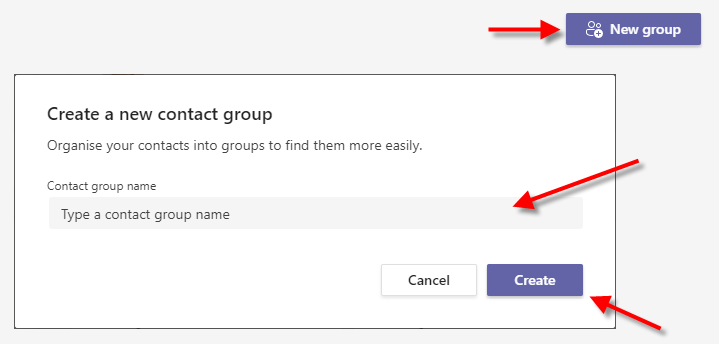 A screenshot of the 'Create a new contact group' dialogue in MS Teams.