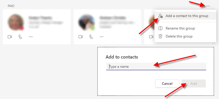 A screenshot of a Call Group pane.  The three ellipses, the 'Add a contact to this group' menu option and the 'Add to contacts' dialogue are indicated by arrows.