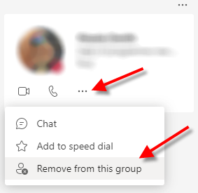 A screenshot of a contact in a Call Group.  The three ellipses and the 'Remove from group' menu option are indicated by arrows.