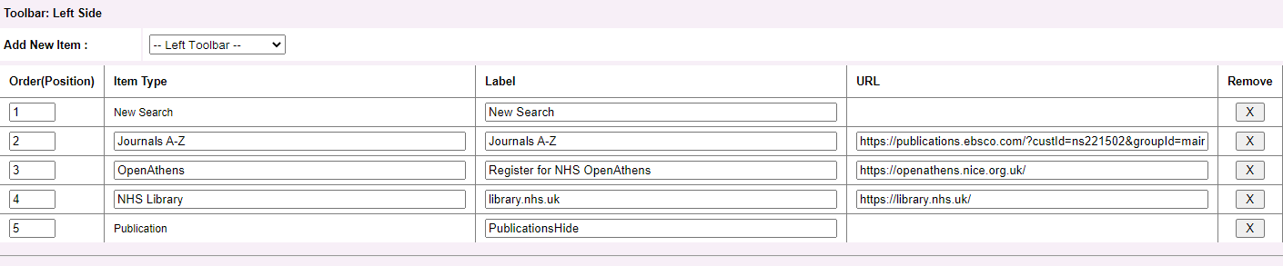 Screenshot of Toolbar: Left Side options. NHS Library is the fourth line down.