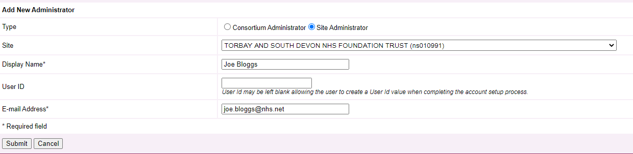 Screenshot of the Add New Administrator page, showing the fields listed above.