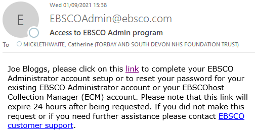 Screenshot of the email (subject: Access to EBSCO Admin program) sent to new administrators from EBSCOadmin@ebsco.com
