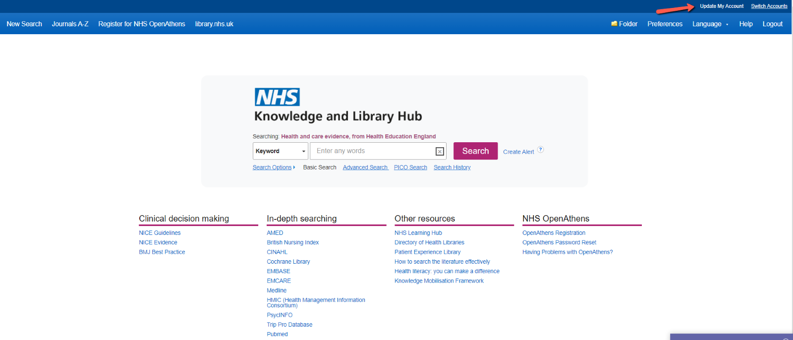 Screenshot of the Knowledge and Library Hub front page, with an arrow pointing to the Update My Account link in the top right hand corner