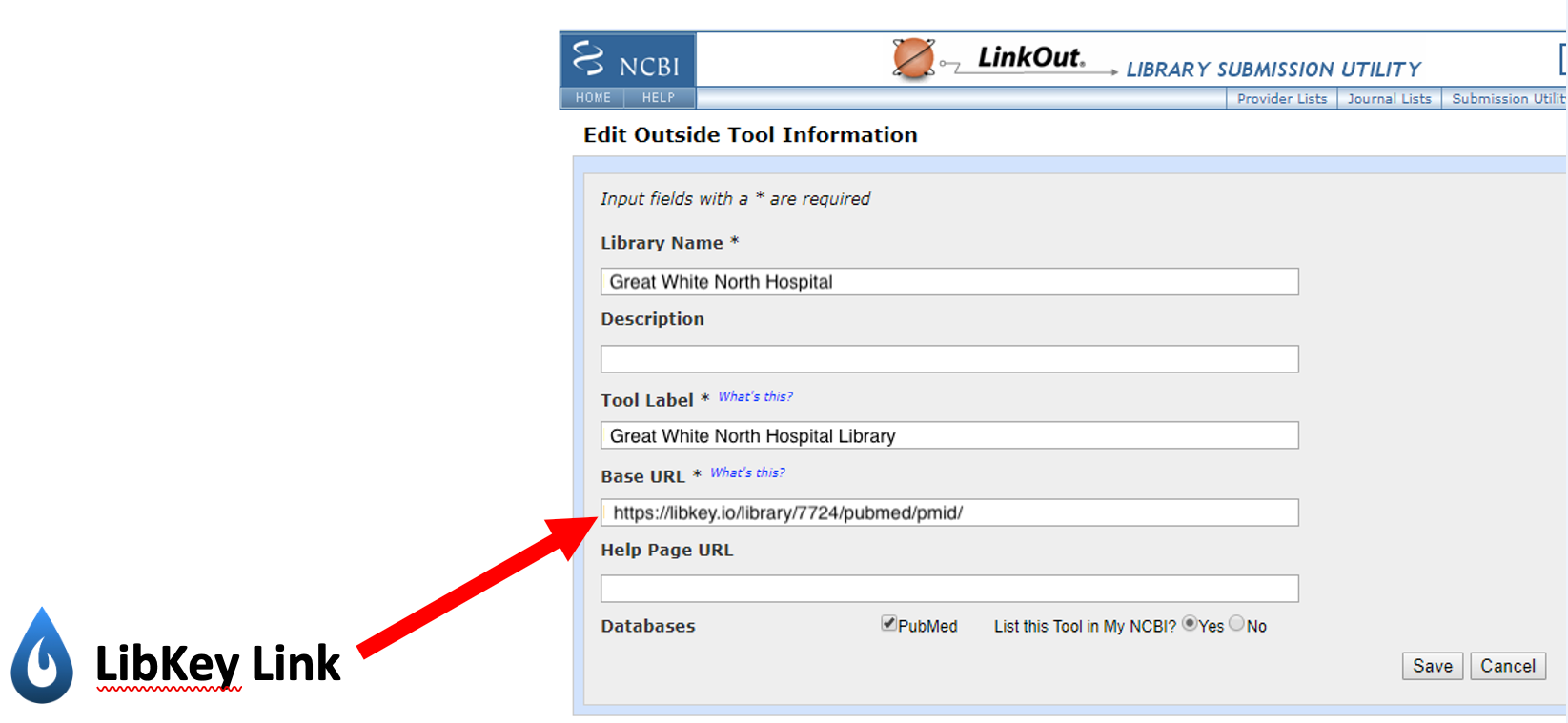 Screenshot of the PubMed Otool administrator panel "Edit Outside Tool Information", showing the LibKey link entered in the Base URL field.