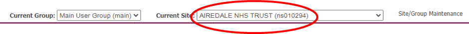 Screenshot of the top of the EBSCOadmin screen, showing the Current Group and Current Site dropdown boxes. In the Current Site dropdown, the example entry "AIREDALE NHS TRUST (ns010294)" is circled in red.