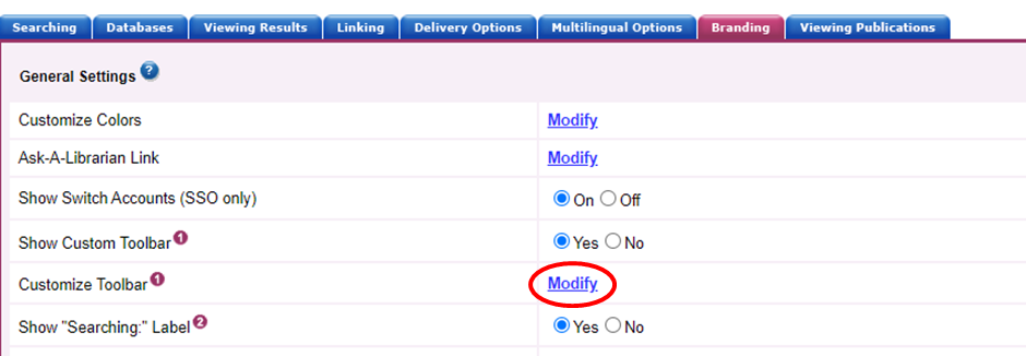 Screenshot of the Branding tab, with Modify circled next to Customize Toolbar, the fifth option under General Settings.