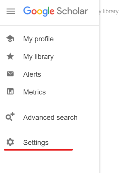 Image of Google Scholar menu bar with settings selected