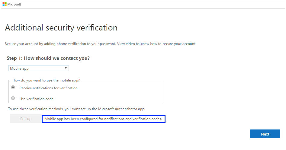 Screenshot that shows the "Additional security verification" page, with the "Mobile app has been configured..." success message highlighted.