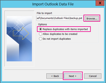 Choose the .pst file you want to import.