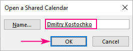 The calendar owner name appears in the Name box.