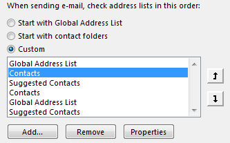 You can define the order Outlook accesses your address books by using the arrows.