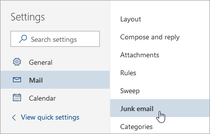 A screenshot of the Settings menu with Junk email selected