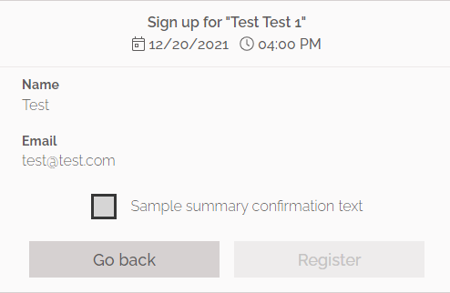 Example registration form with confirmation of data